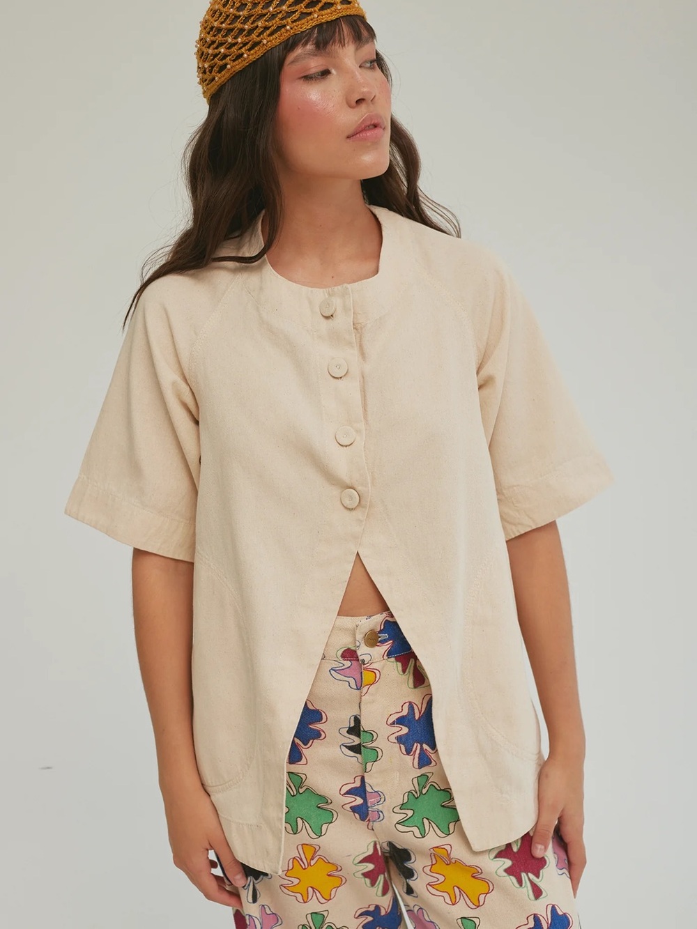Cream Short-Sleeve Button-Front Shirt - Relaxed Fit
